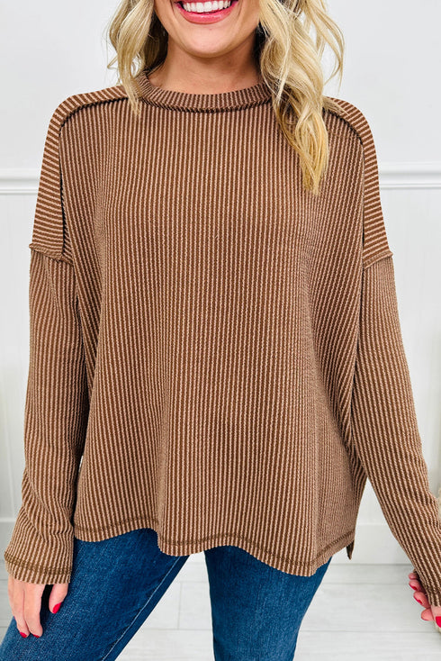 Corded Rib Exposed Seam Drop Shoulder Curved Hem Long Sleeve Top